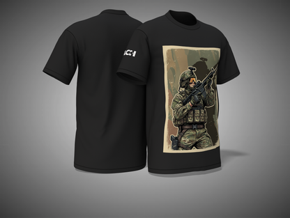 Black t-shirt with a graphic of a soldier on a gray background