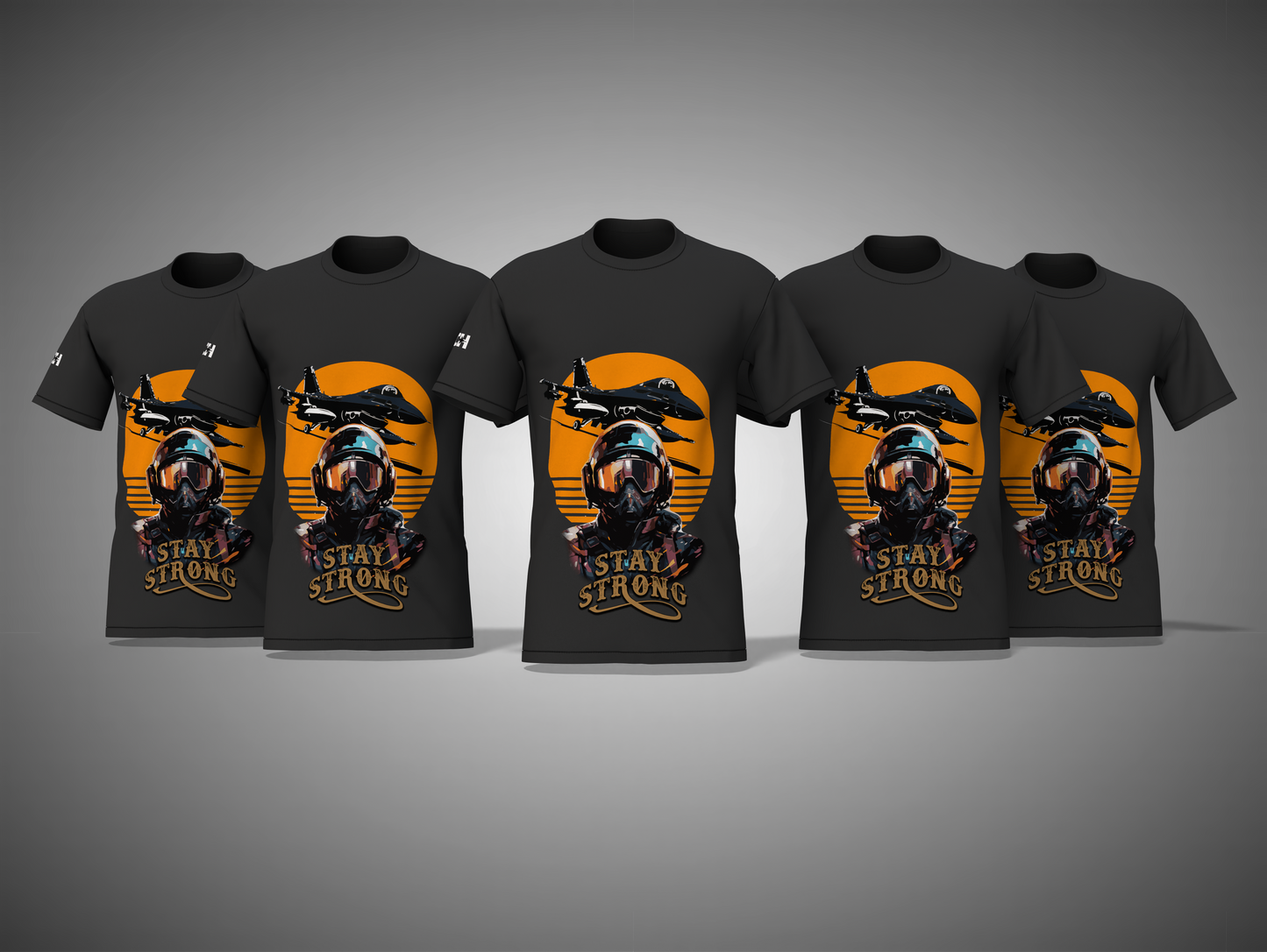  black t-shirts with a graphic design and text on a gray background