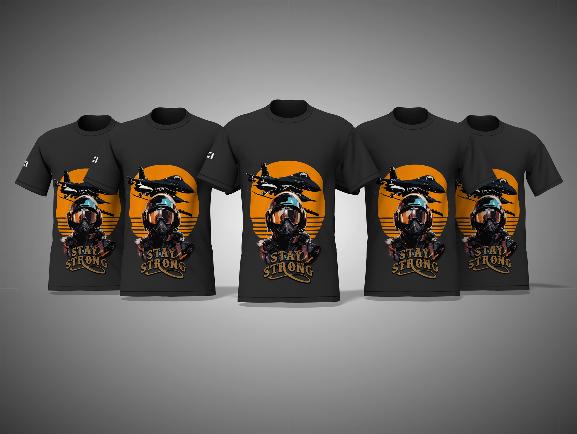  black t-shirts with a graphic design and text on a gray background