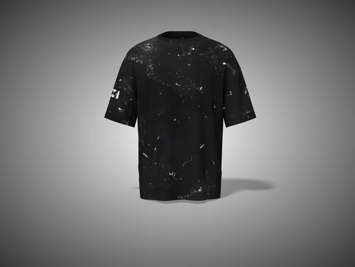 Black t-shirt with abstract patterns on a gray background