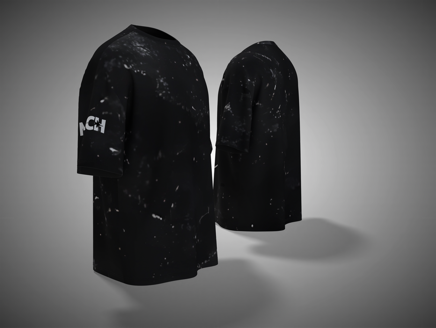 Black textured coat with brand logo on a gray background