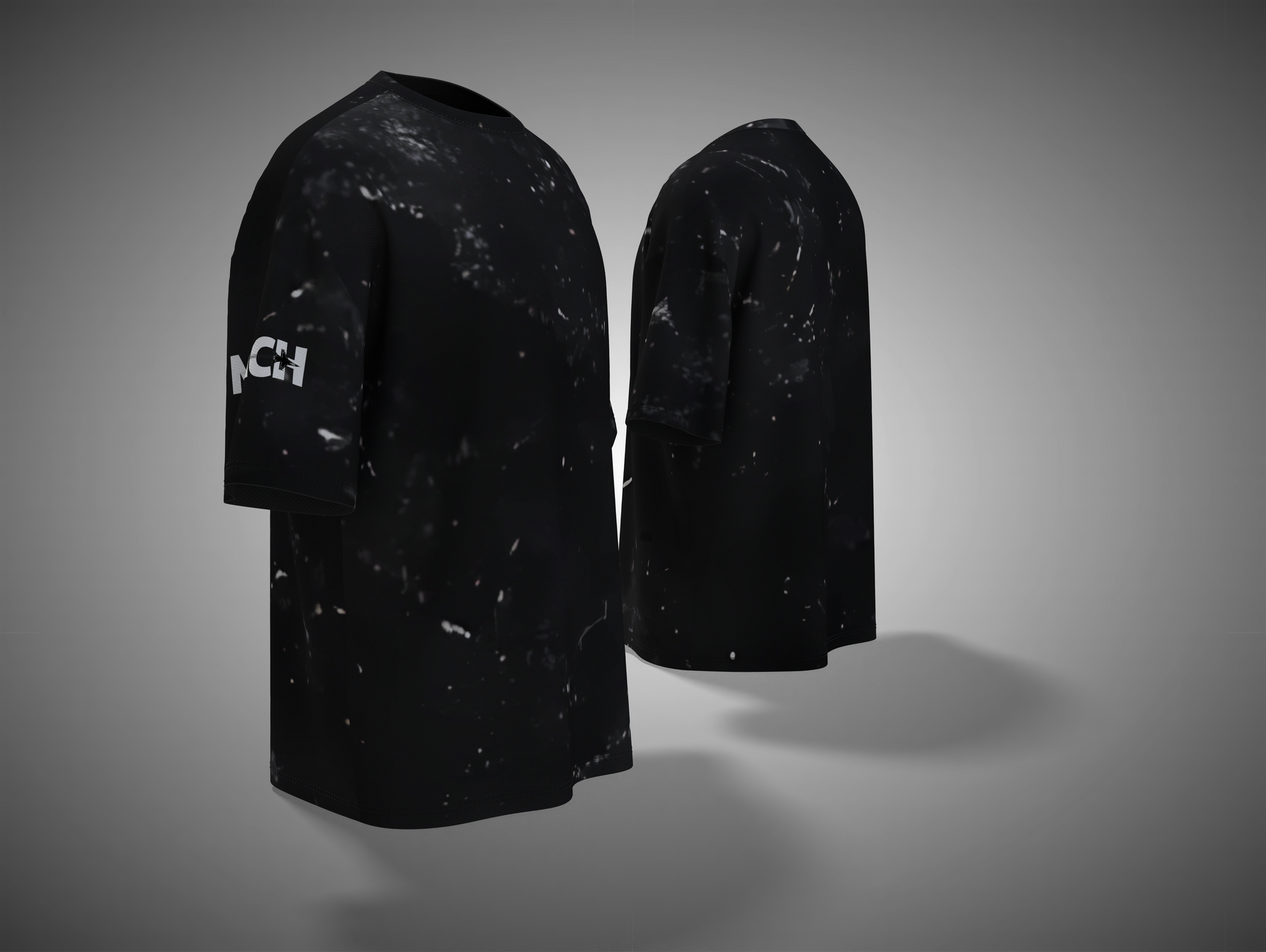 Black textured coat with brand logo on a gray background