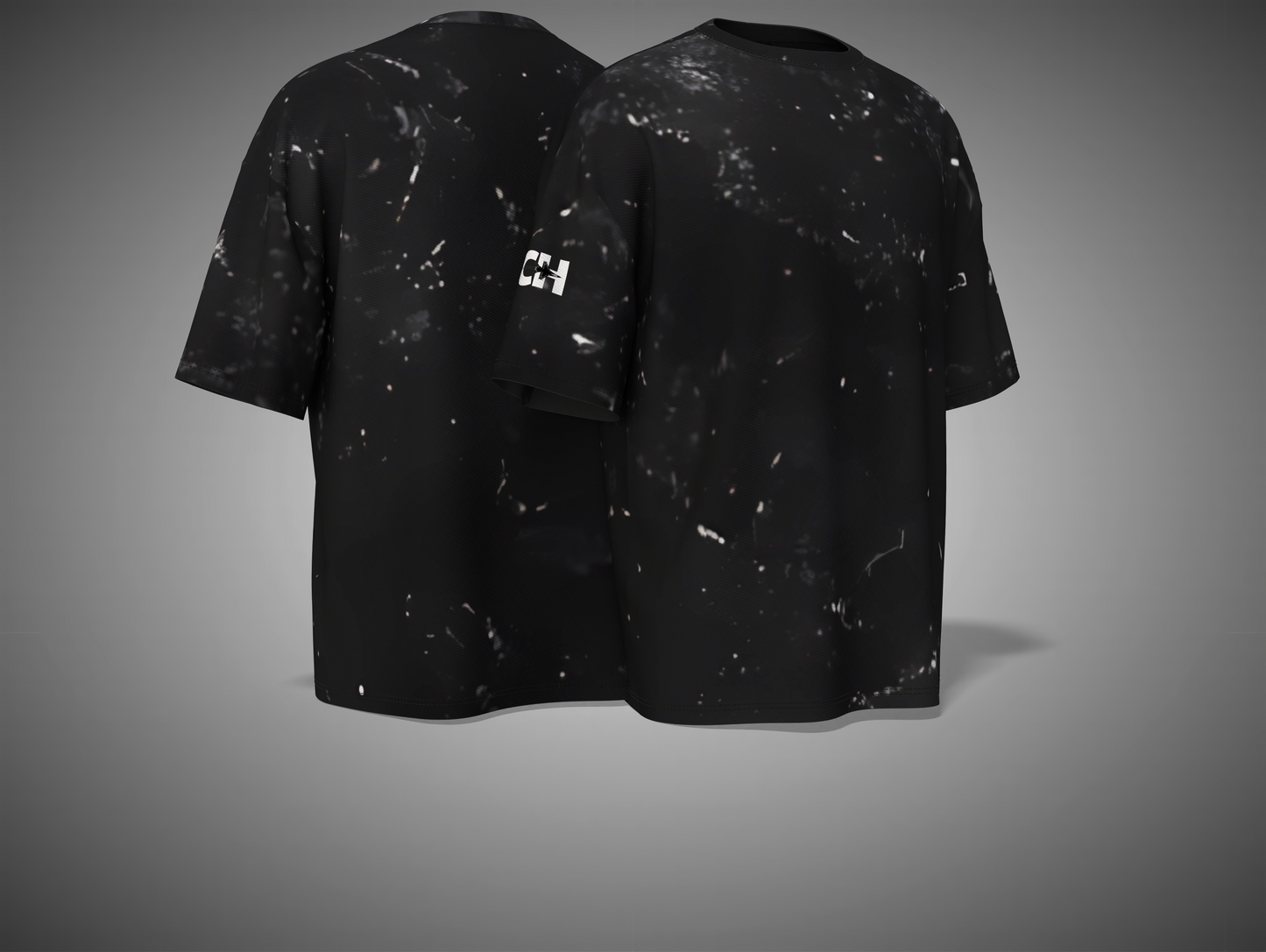 Black t-shirt with abstract pattern on a gray background