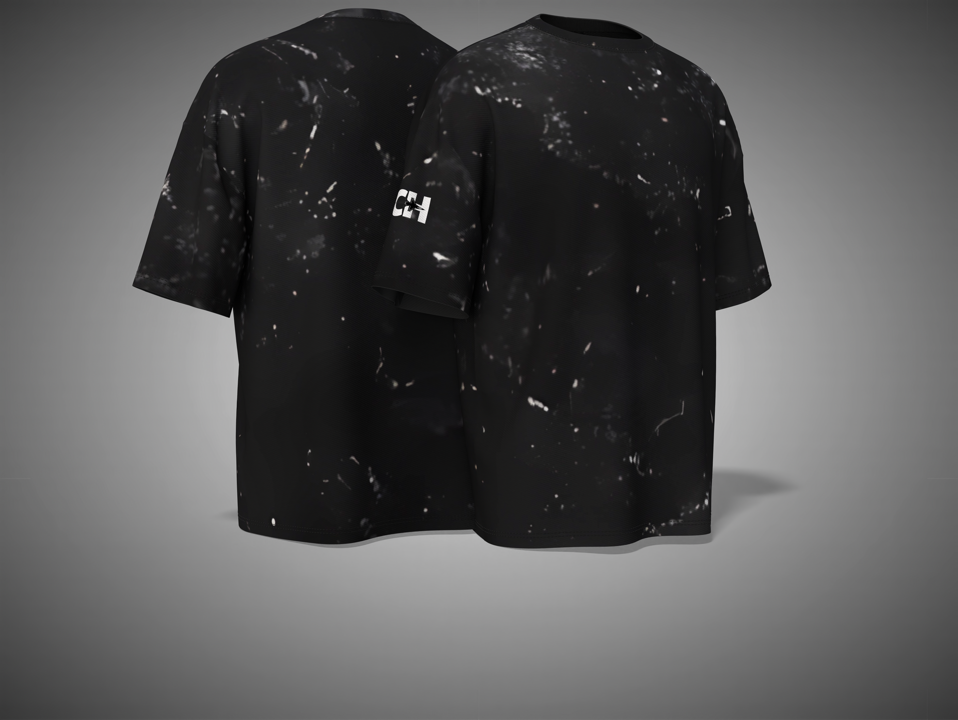 Black t-shirt with abstract pattern on a gray background