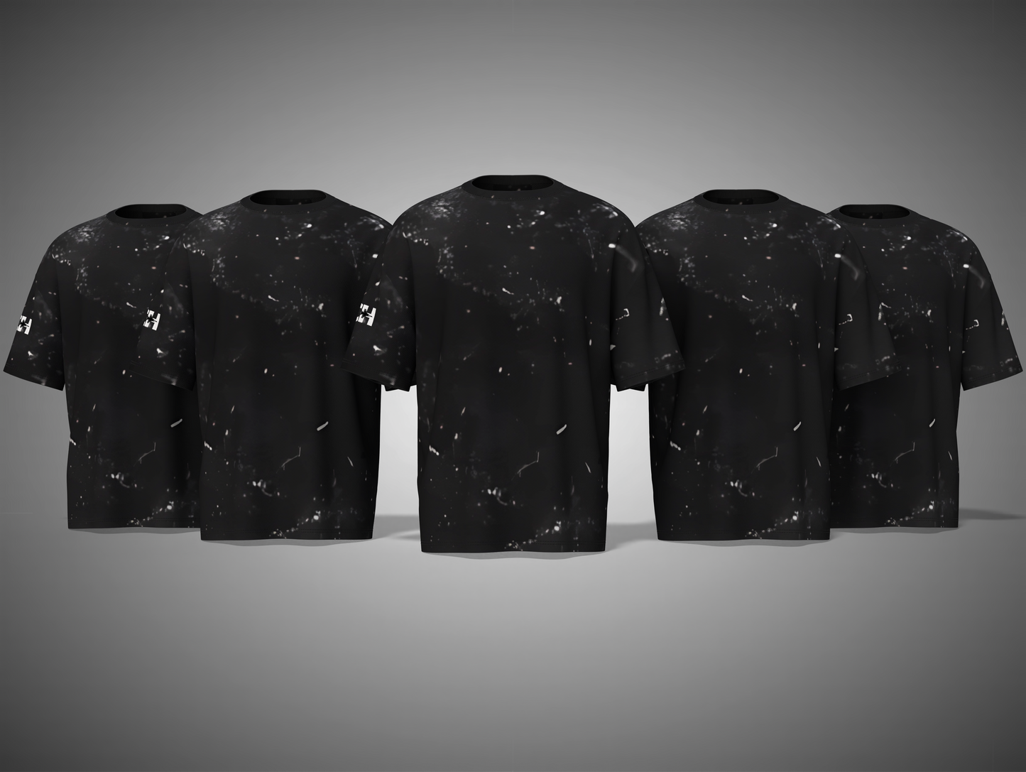 Five black t-shirts with white speckle pattern on a gray background