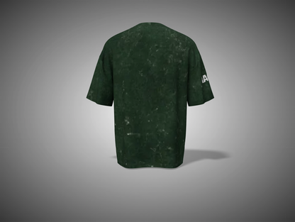 Bottle Green t-shirt with a brand logo on the back against a gray background