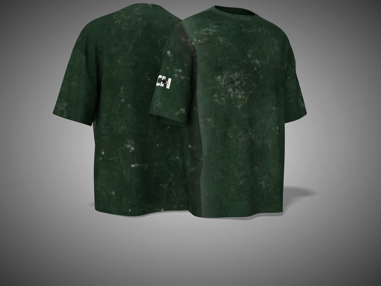 Bottle Green camouflage t-shirt shown from front and back on a gray background