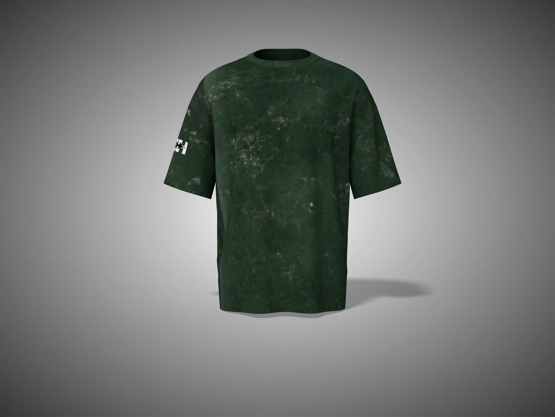 Bottle Green t-shirt with a small white logo on a gray background