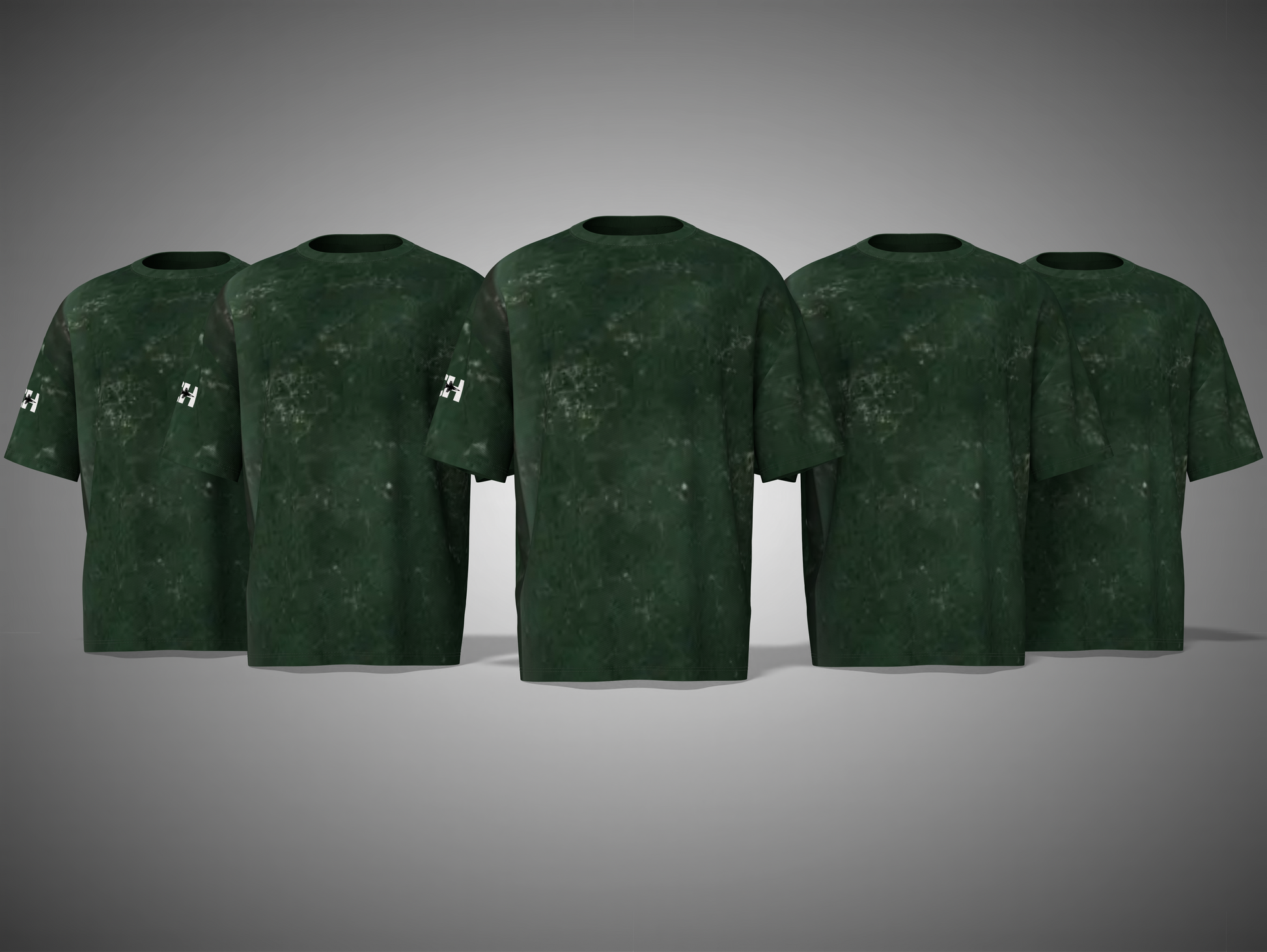 Bottle Green camouflage t-shirts on a gray background