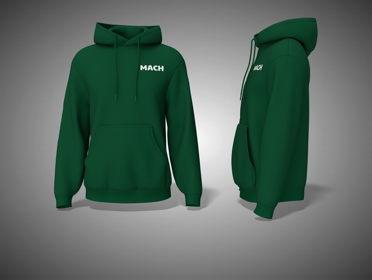 Bottle Green hoodie with 'MACH' logo on a gray background