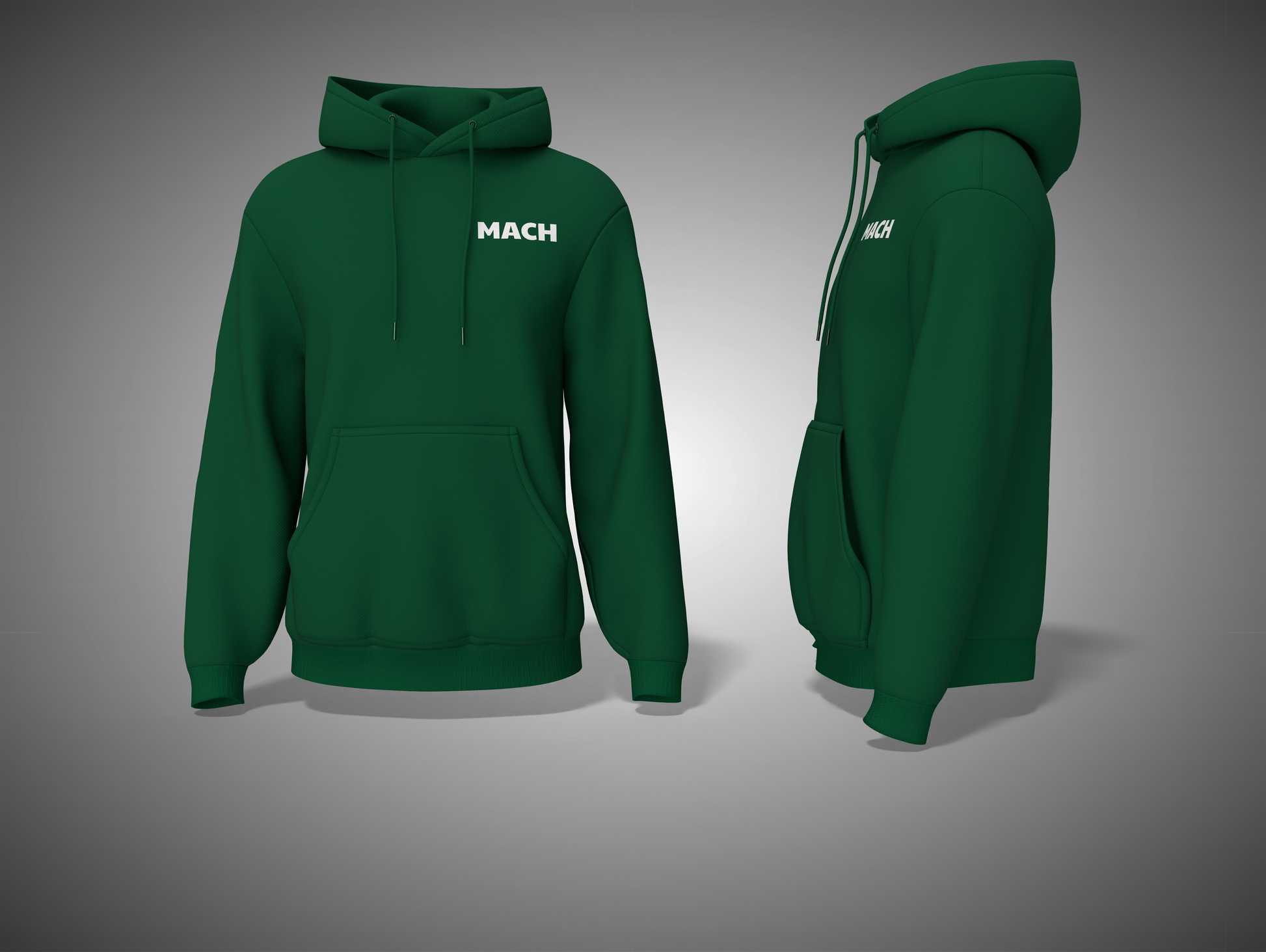 Bottle Green hoodie with 'MACH' logo on a gray background