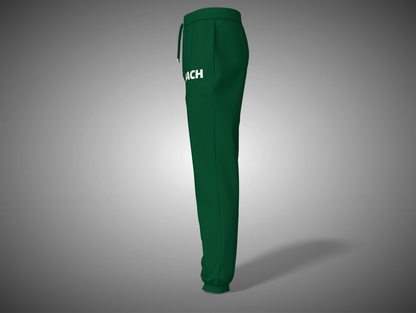Bottle Green sweatpants with a brand logo on a gray background