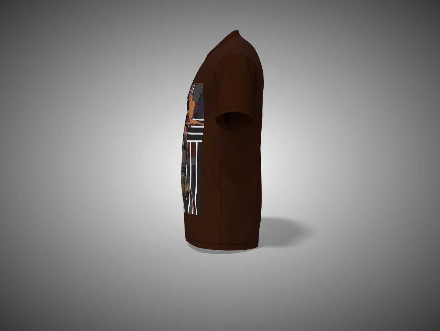 Coffee Brown t-shirt with graphic design on a gray background