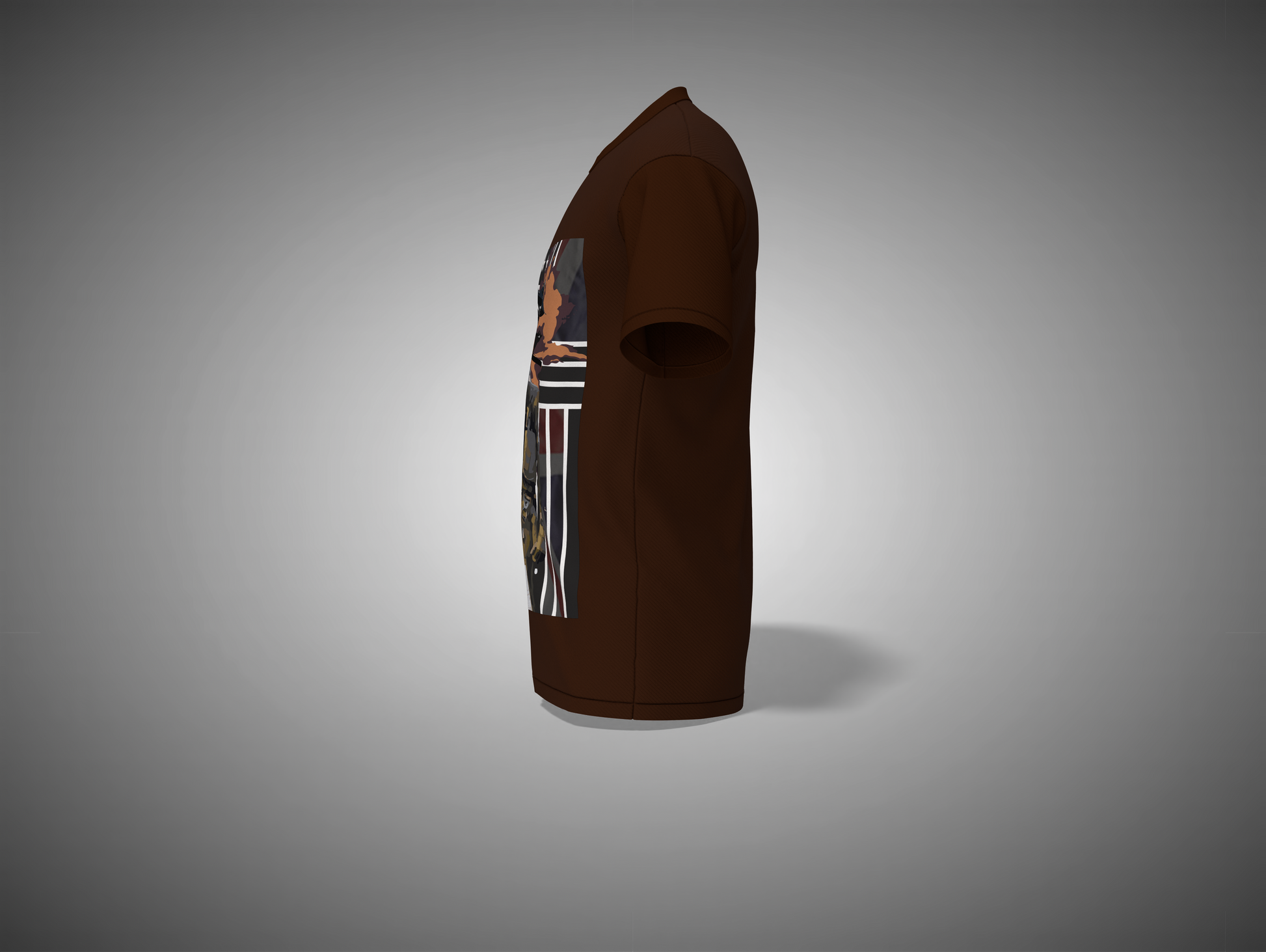 Coffee Brown t-shirt with graphic design on a gray background