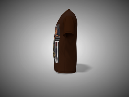 Coffee Brown t-shirt with graphic design on a gray background