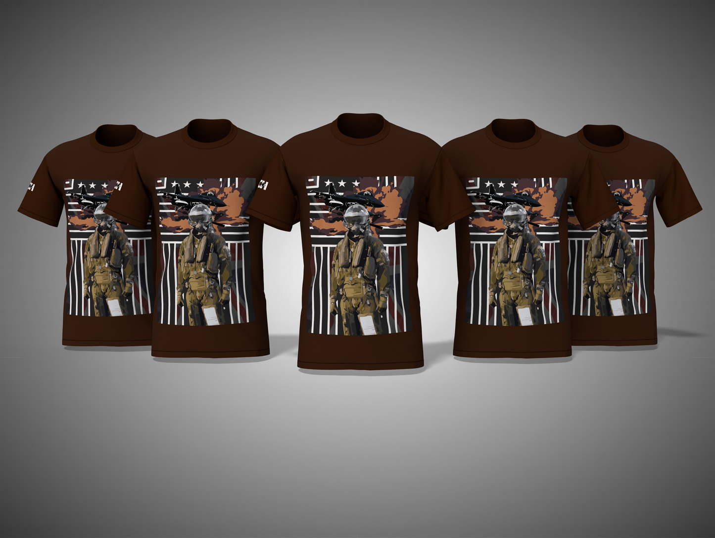 Coffee Brown t-shirts with a graphic of a soldier on an American flag design.