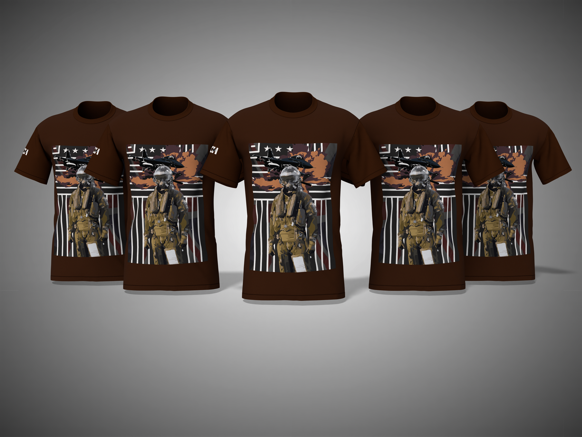 Coffee Brown t-shirts with a graphic of a soldier on an American flag design.