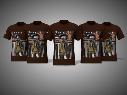 Coffee Brown t-shirts with a graphic of a soldier on an American flag design.