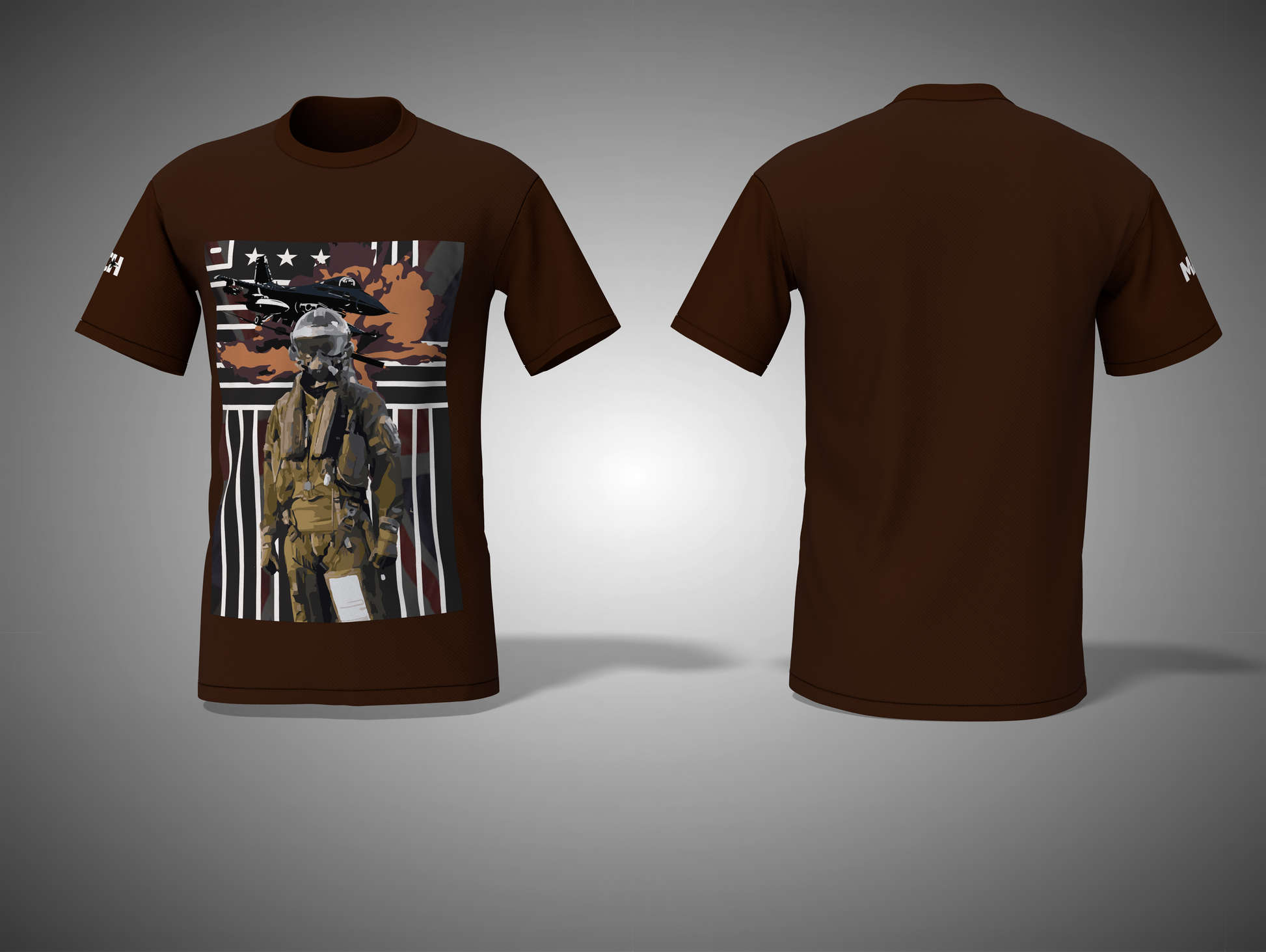 Coffee Brown t-shirt with graphic design on a gray background