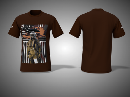 Coffee Brown t-shirt with graphic design on a gray background