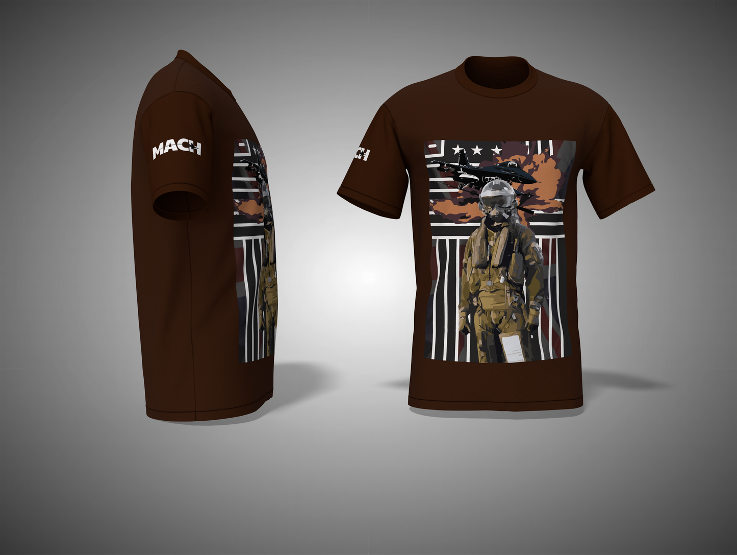 Coffee Brown t-shirt with graphic design on a gray background