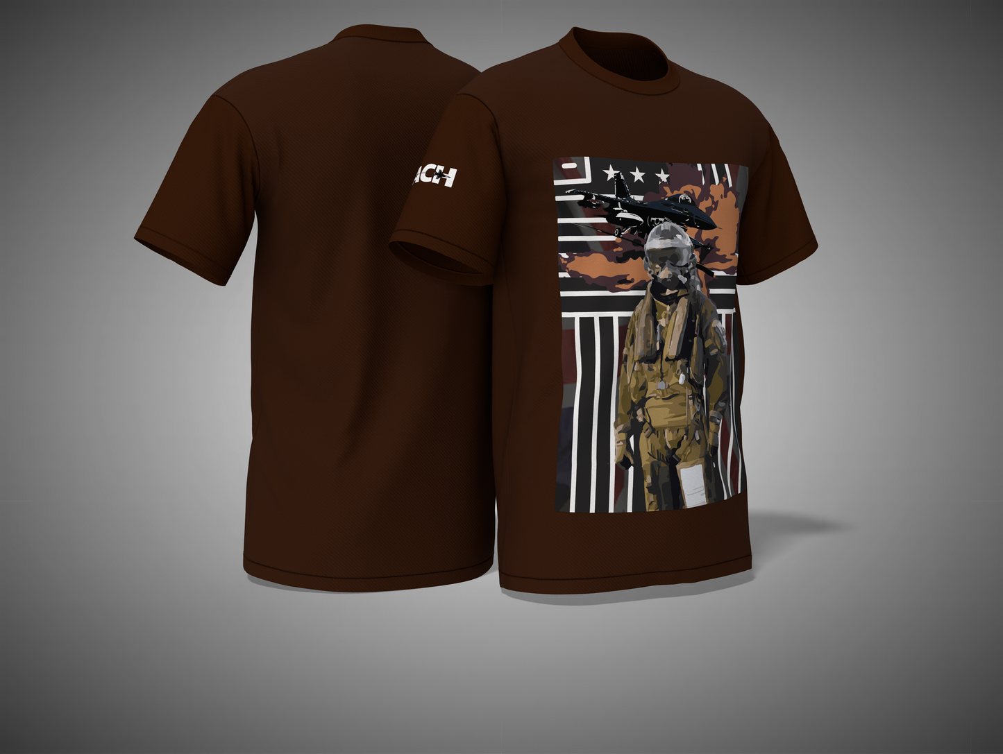 Coffee Brown t-shirt with graphic design on a gray background