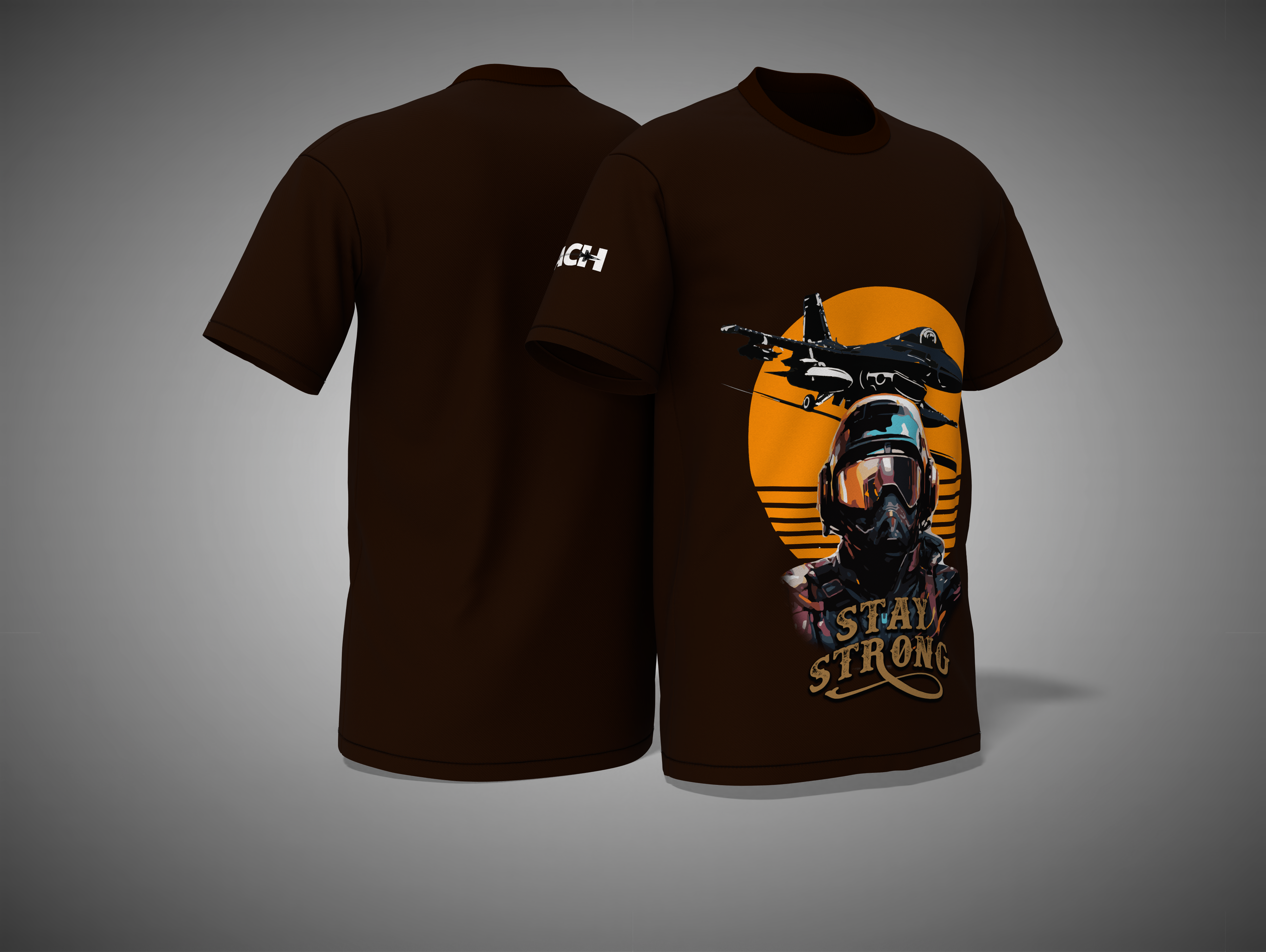 Coffee Brown t-shirt with a graphic design on the front and back, featuring a pilot and text 'Stay Strong'.