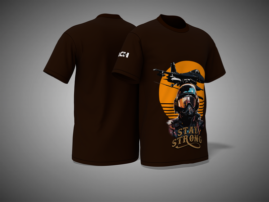 Coffee Brown t-shirt with a graphic design on the front and back, featuring a pilot and text 'Stay Strong'.