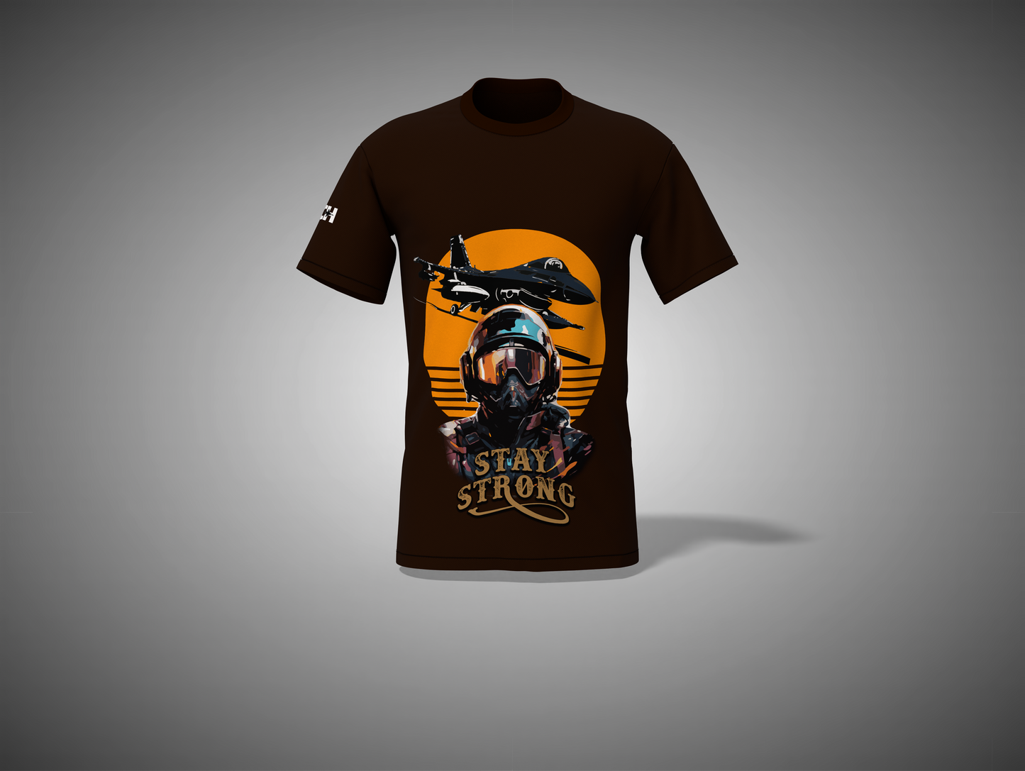 Coffee Brown t-shirt with a graphic design featuring a helmet and airplane on a gray background
