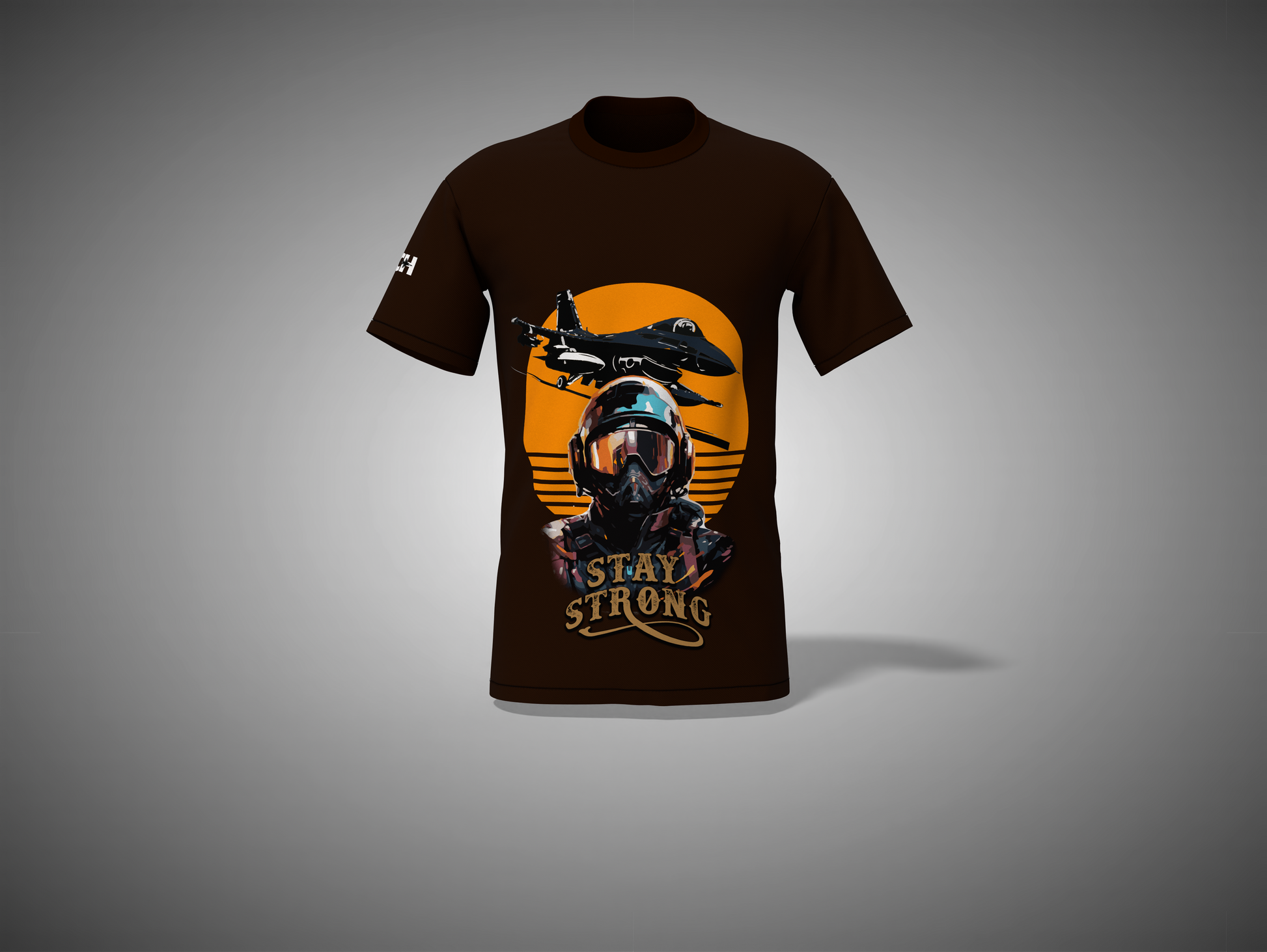 Coffee Brown t-shirt with a graphic design featuring a helmet and airplane on a gray background