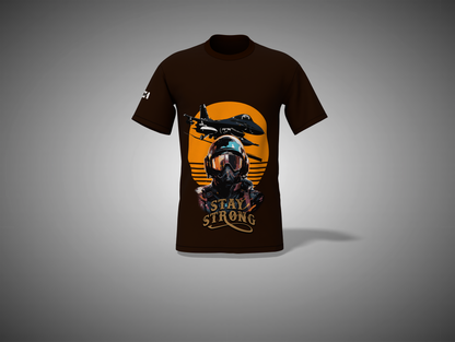 Coffee Brown t-shirt with a graphic design featuring a helmet and airplane on a gray background