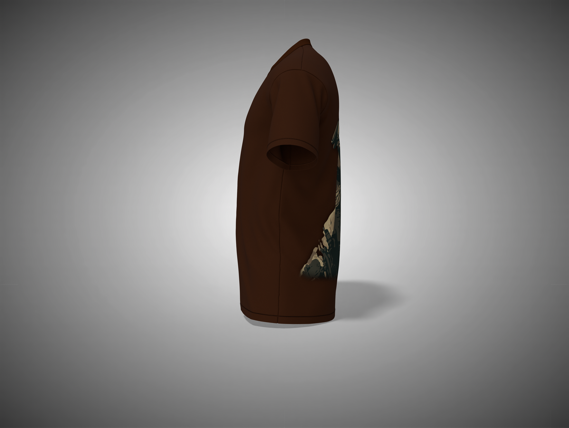 Coffee Brown t-shirt with a graphic design on a gray background