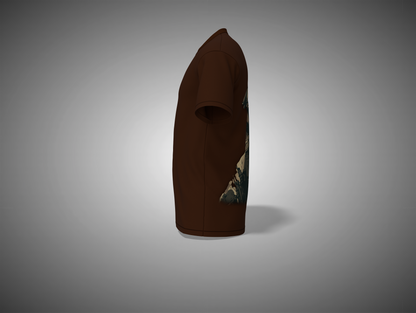 Coffee Brown t-shirt with a graphic design on a gray background