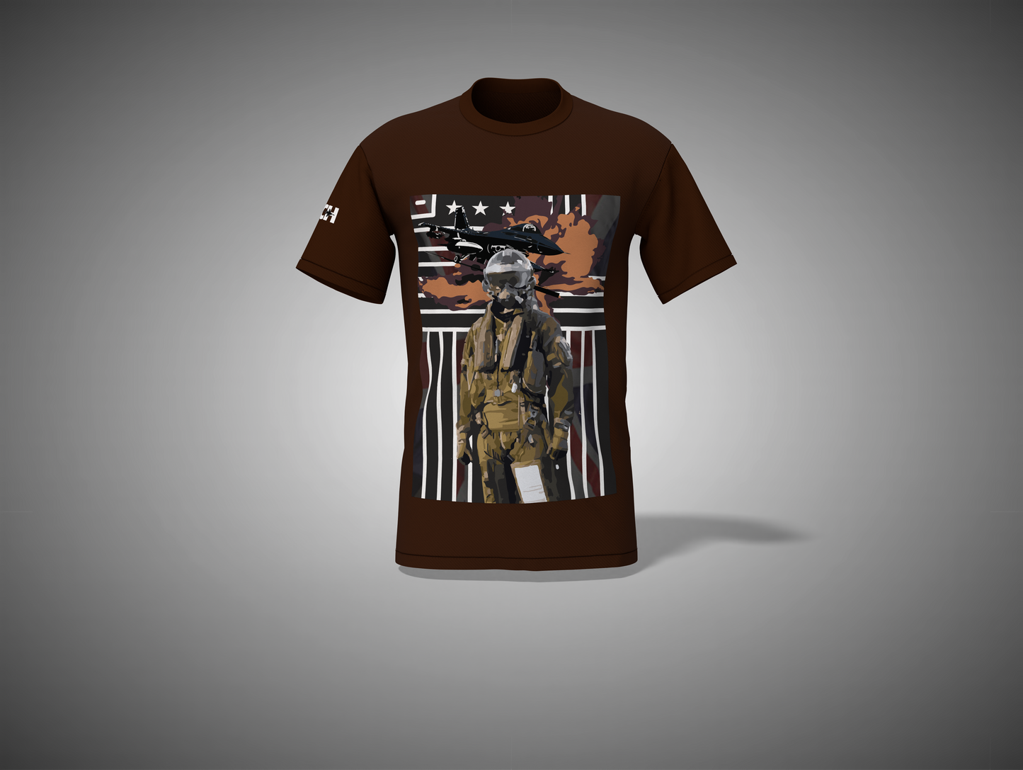 Coffee Brown t-shirt with graphic design of a soldier and American flag on a gray background