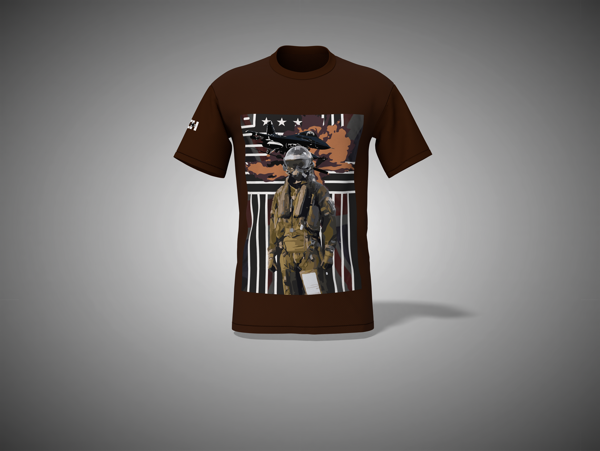 Coffee Brown t-shirt with graphic design of a soldier and American flag on a gray background