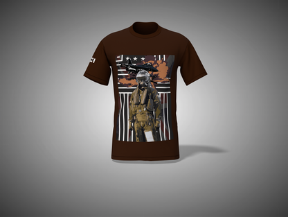 Coffee Brown t-shirt with graphic design of a soldier and American flag on a gray background