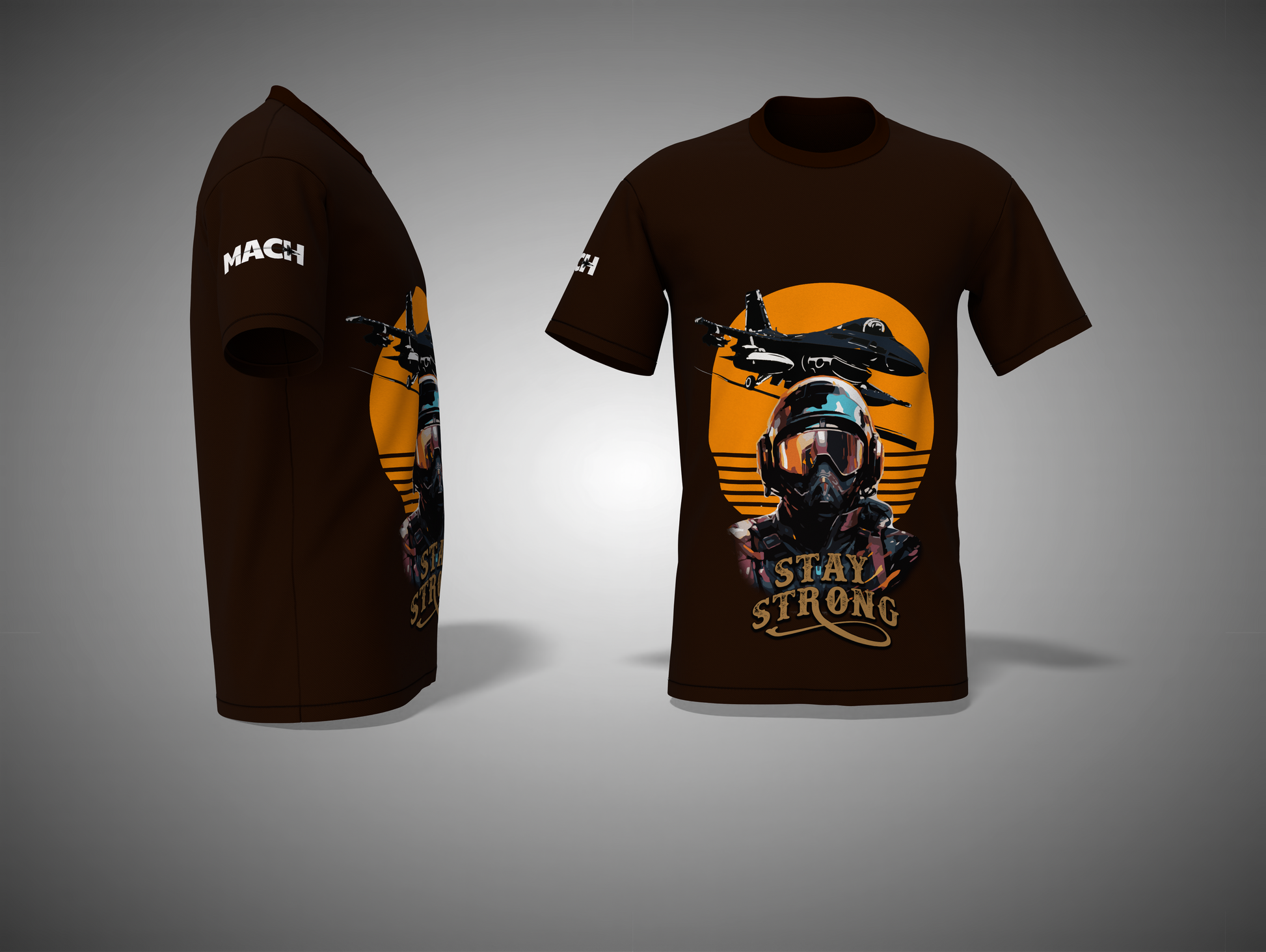 Coffee Brown t-shirt with a graphic design of a pilot and text 'I Still Stand Strong' on a gray background