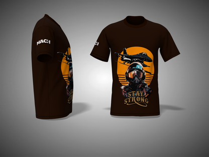 Coffee Brown t-shirt with a graphic design of a pilot and text 'I Still Stand Strong' on a gray background