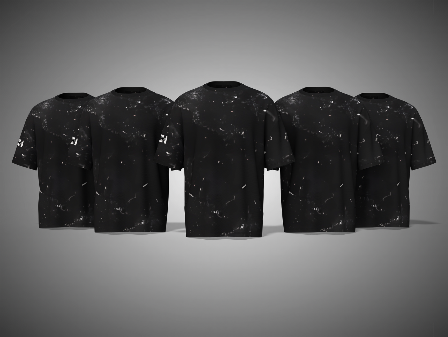 Five black t-shirts with a space-themed design on a gray background