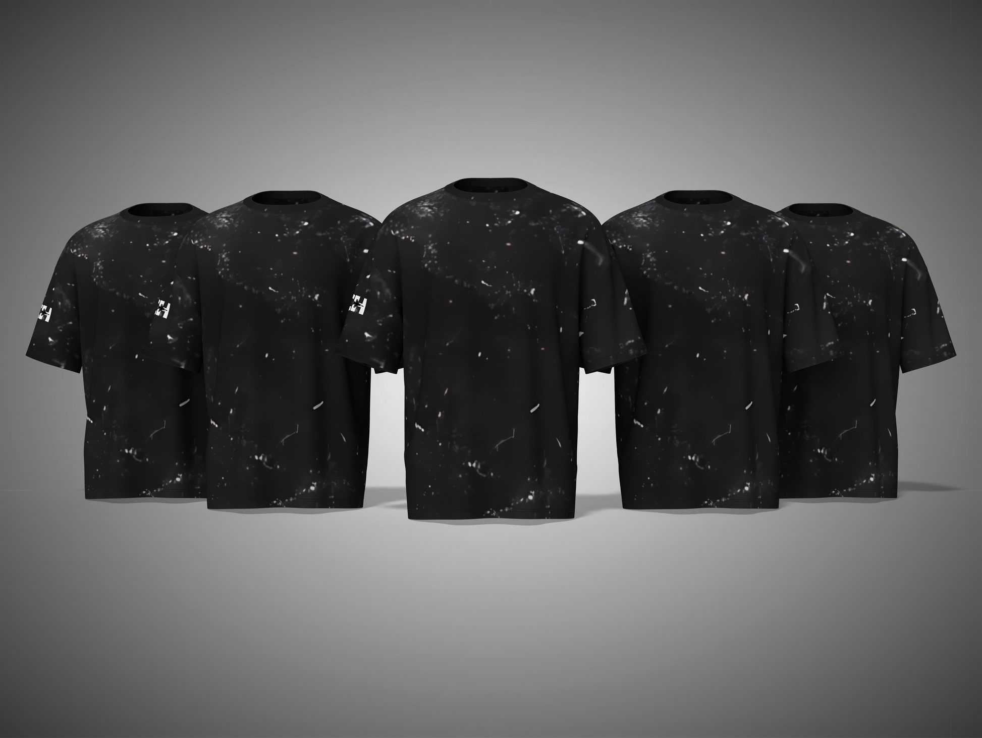 Five black t-shirts with a space-themed design on a gray background