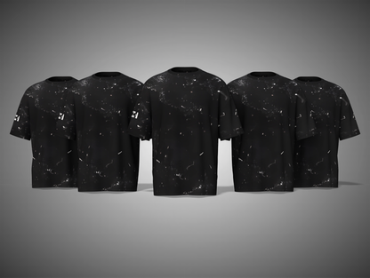 Five black t-shirts with a space-themed design on a gray background