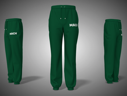 Bottle Green pants with 'MACH' branding on a gray background