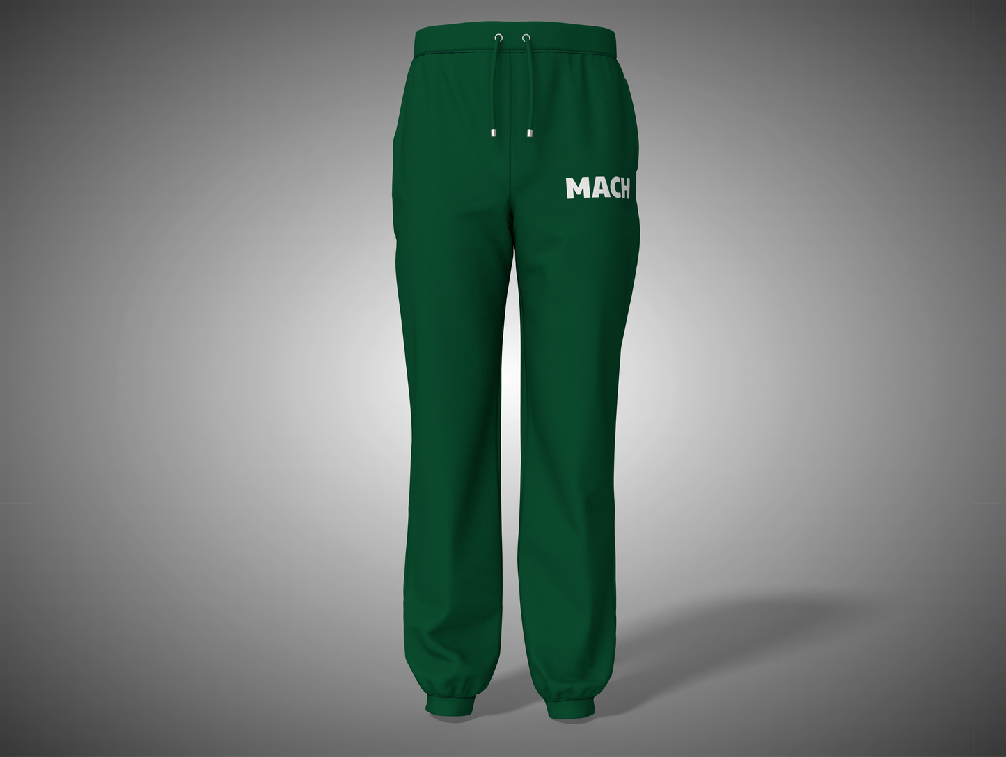 Bottle Green sweatpants with 'MACH' branding on a gray background
