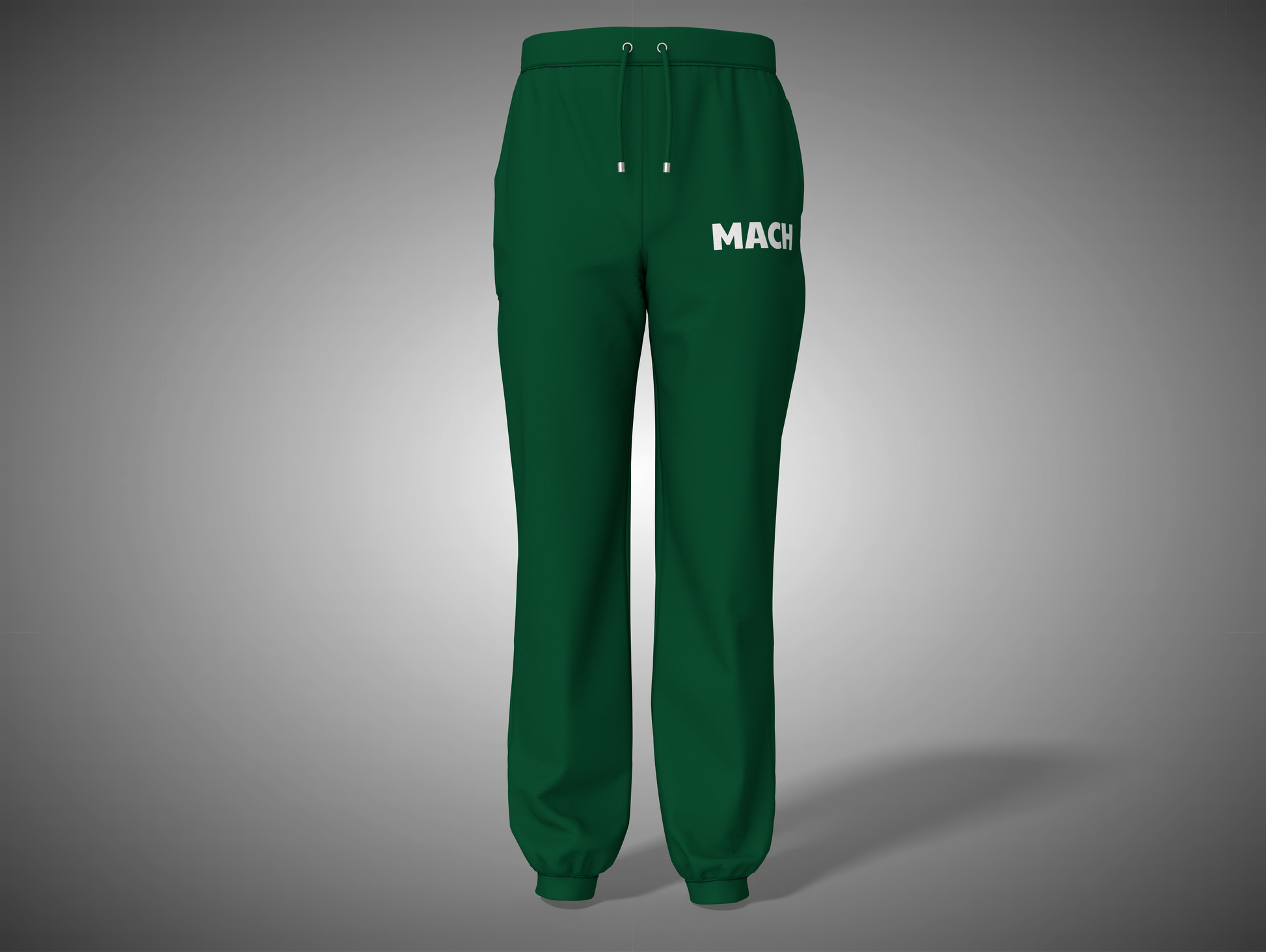 Bottle Green sweatpants with 'MACH' branding on a gray background