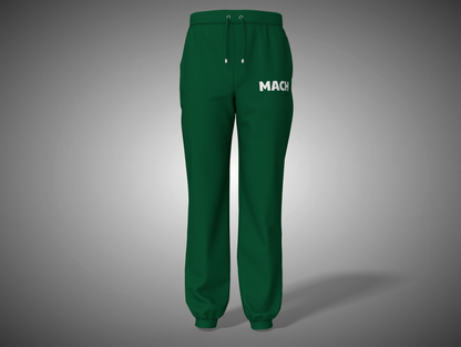 Bottle Green sweatpants with 'MACH' branding on a gray background