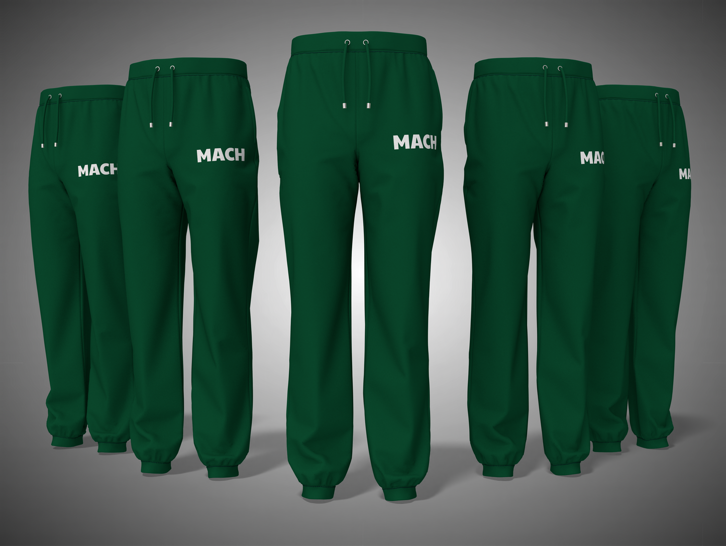 Set of Bottle Green pants with 'MACH' branding on a gray background