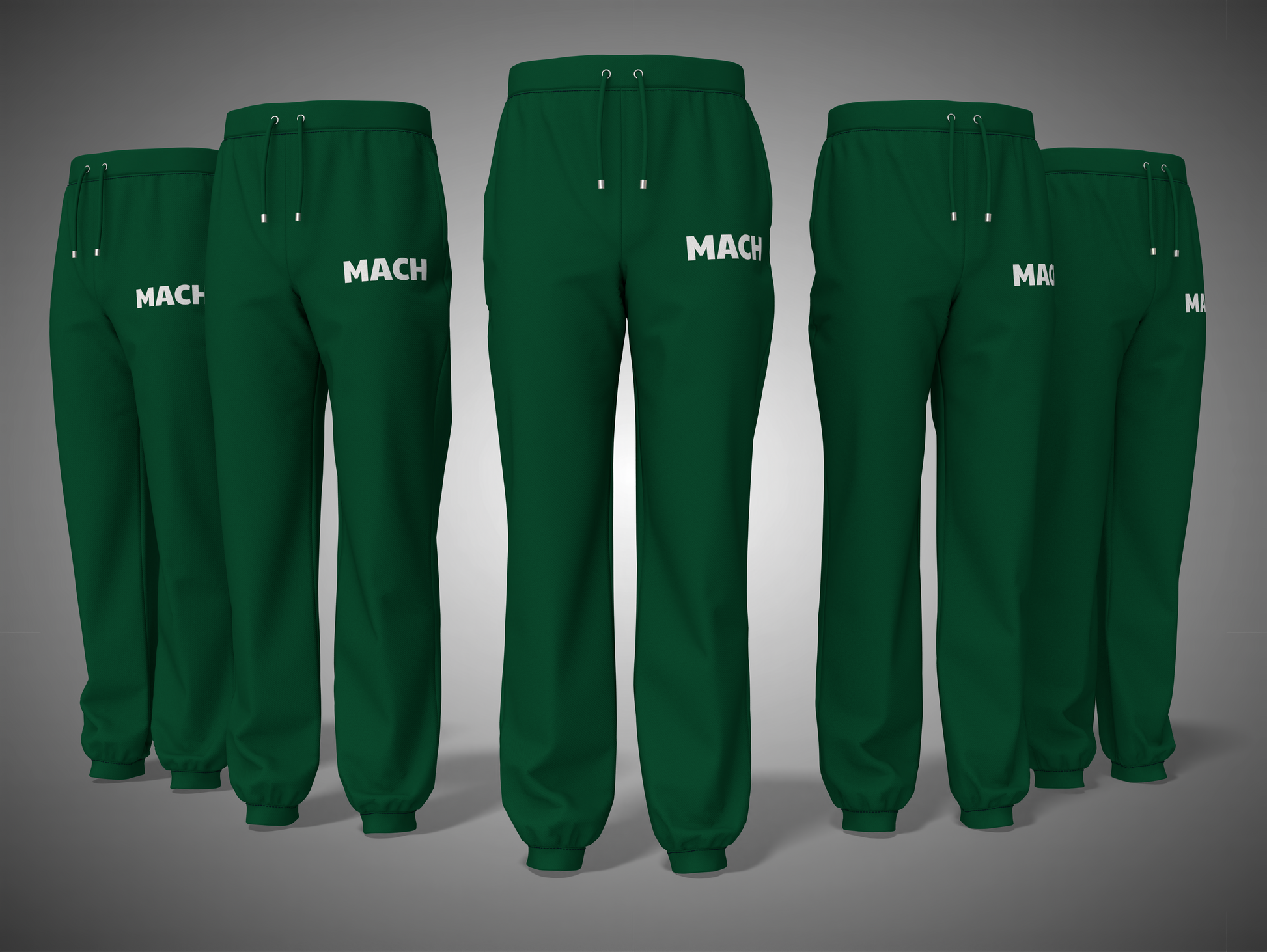Set of Bottle Green pants with 'MACH' branding on a gray background