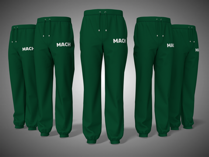 Set of Bottle Green pants with 'MACH' branding on a gray background