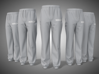 Grey Melange sweatpants with 'MACH' branding on a gray background