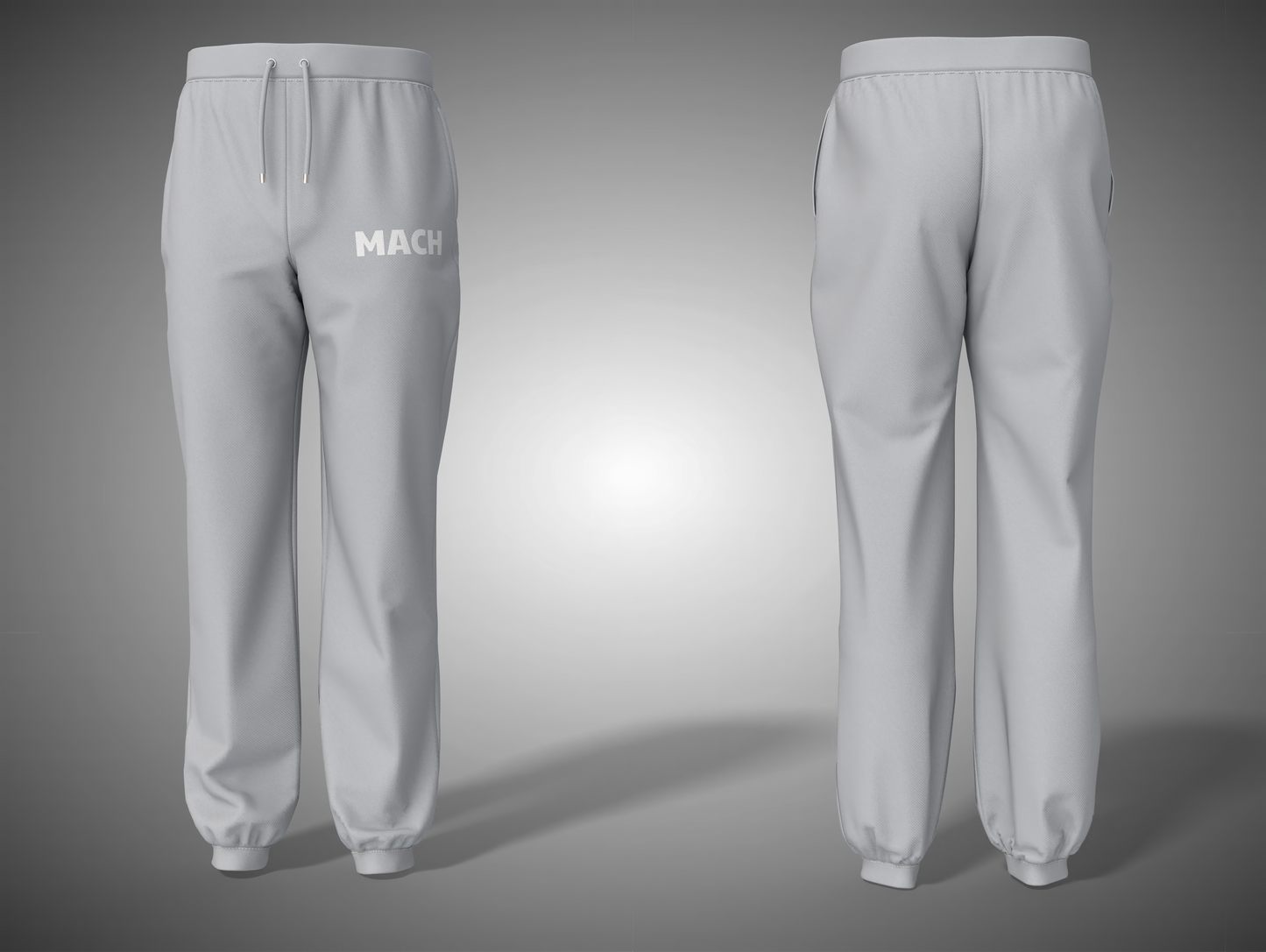 Grey Melange sweatpants with 'MACH' branding on a gray background